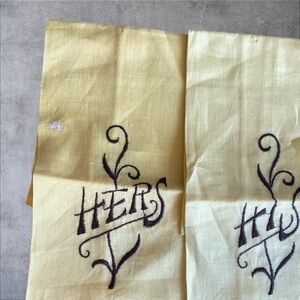 Vintage linen yellow and brown stitched his and hers